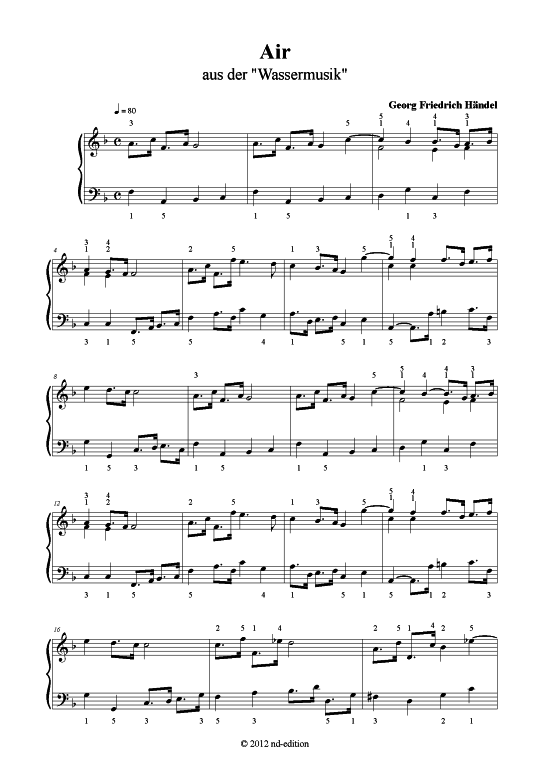 Air (Klavier solo einfach) (Klavier einfach) von G. F. H ndel (bearb. aus Wassermusik)