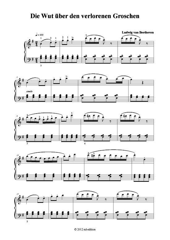 Die Wut ber den verlorenen Groschen (Klavier solo einfach) (Klavier einfach) von Ludwig van Beethoven (bearb.)
