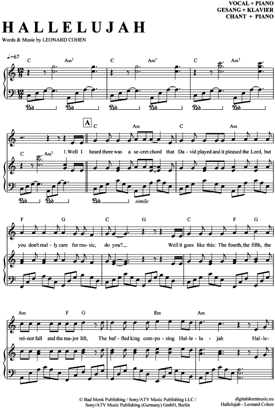 Hallelujah (Klavier + Gesang) (Klavier Gesang  Gitarre) von Jeff Buckley