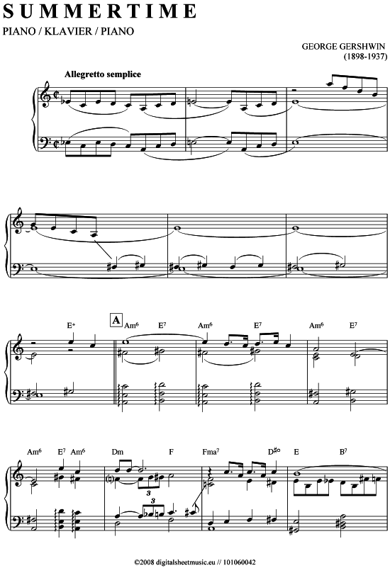 Summertime (Klavier Solo) (Klavier Solo) von George Gershwin (1898-1937)