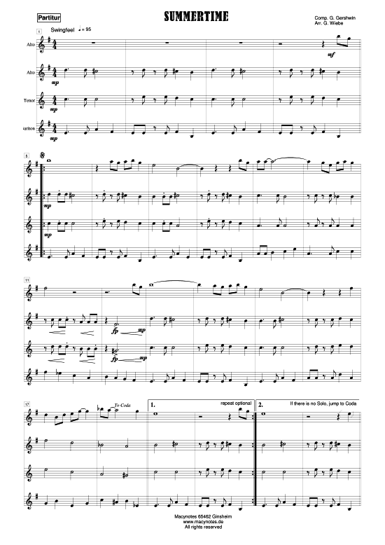 Summertime (Saxophonquartett AATB) (Quartett (Saxophon)) von George Gershwin (arr. Gerhard Wiebe)