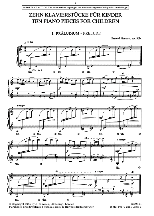10 piano pieces for children, op. 56b klavier solo bertold hummel