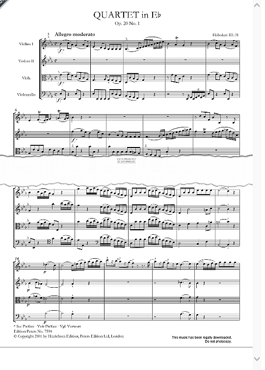 6 string quartets op.20 hoboken iii: 31 36 full score joseph haydn