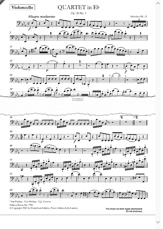 6 string quartets op.20 hoboken iii: 31 36 instrumental parts joseph haydn
