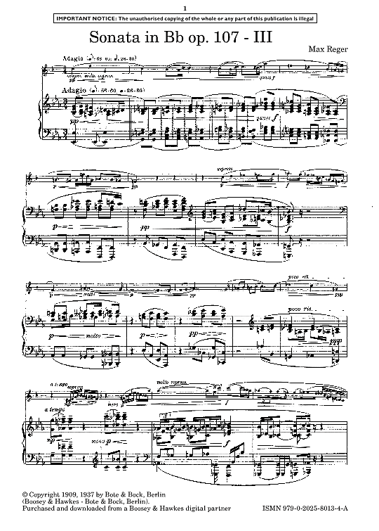 adagio from sonata in bb major klavier & melodieinstr. max reger