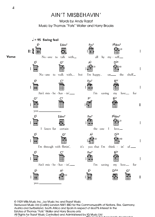 ain t misbehavin ukulele chord songbook thomas fats waller