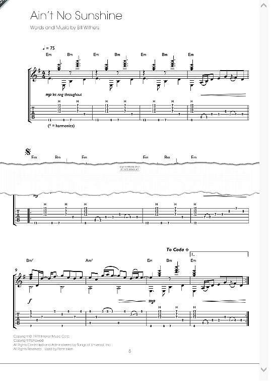 ain t no sunshine guitar notation & tab bill withers