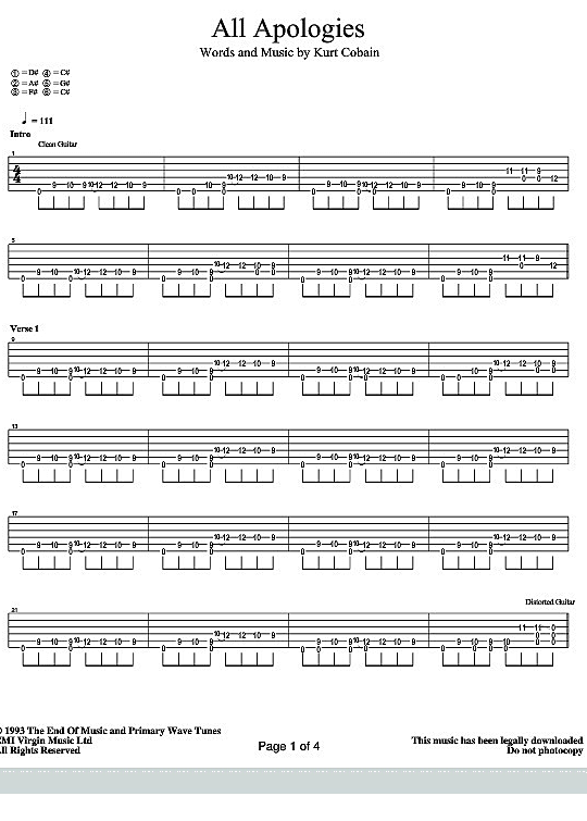 all apologies gitarre tab nirvana
