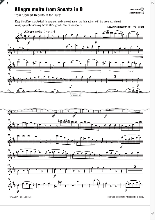 allegro molto from sonata in d from concert repertoire for flute  klavier & melodieinstr. ludwig van beethoven
