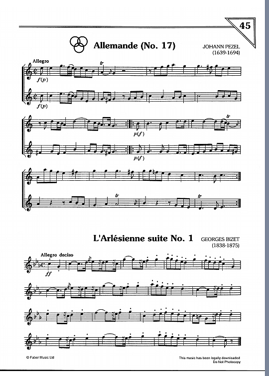 allemande no. 17/l arlesienne suite no. 1 duett 2 st. johann pezel