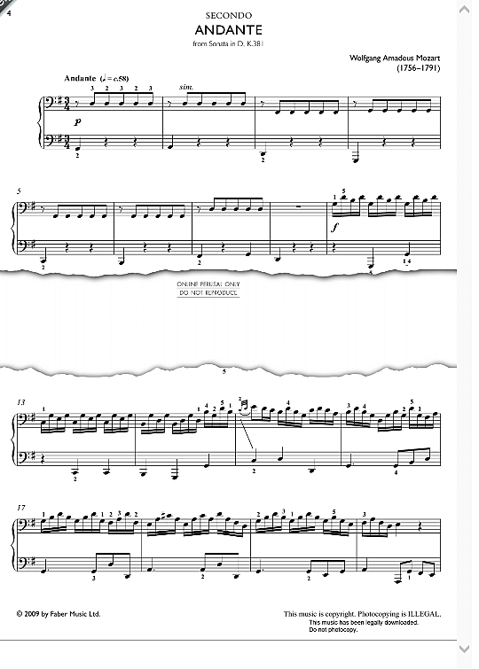 andante from sonata in d, k381 klavier vierhndig wolfgang amadeus mozart
