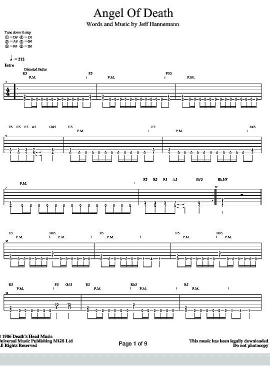 angel of death gitarre tab slayer