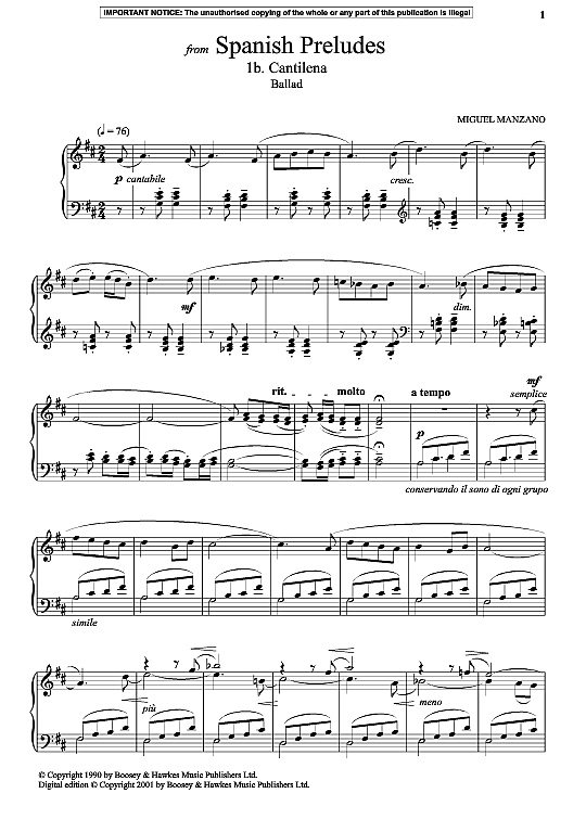 cantilena ballad from spanish preludes klavier solo miguel manzano