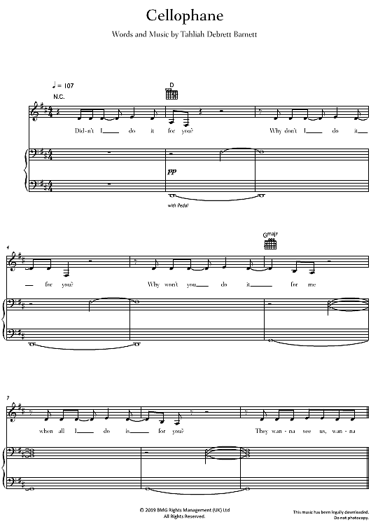 Cellophane Klavier, Gesang & Gitarre PDF Noten von FKA Twigs in D Dur