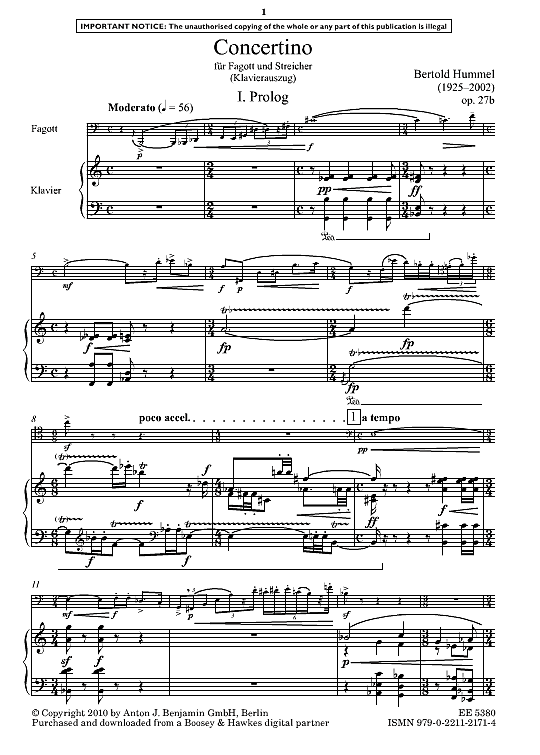 concertino, op. 27b klavier & melodieinstr. bertold hummel