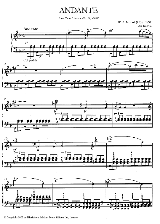 concerto no.21 in c major k467, movt ii arranged klavier solo wolfgang amadeus mozart