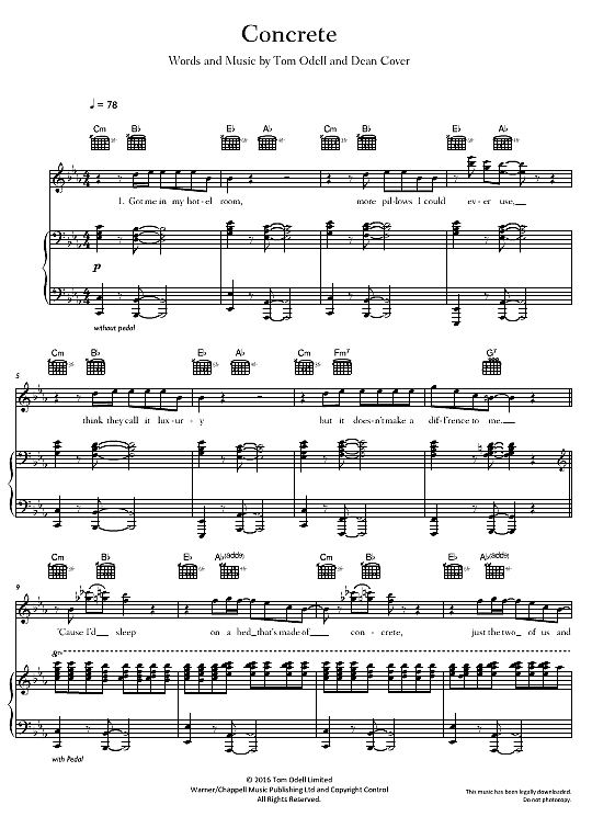 Concrete Klavier Gesang And Gitarre Pdf Noten Von Tom Odell In C Moll Fbd 30948 