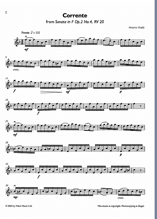 corrente from sonata in f op.2 no. 4 rv 20 instrumental parts antonio vivaldi
