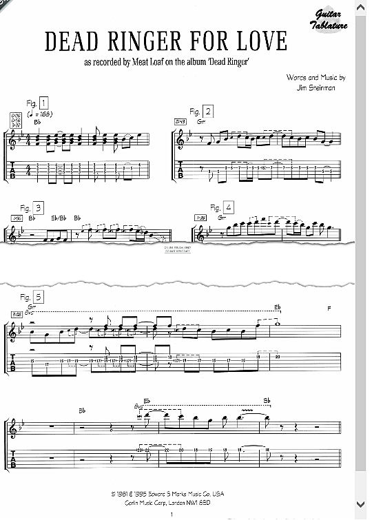 Dead Ringer For Love Gitarre TAB - PDF Noten von Meat Loaf in B Dur