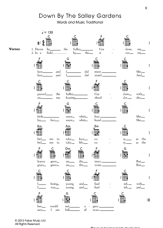 down by the salley gardens ukulele chord songbook traditional