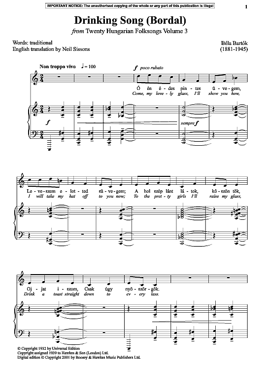 drinking song bordal from twenty hungarian folksongs volume 3 klavier & gesang bela bartok