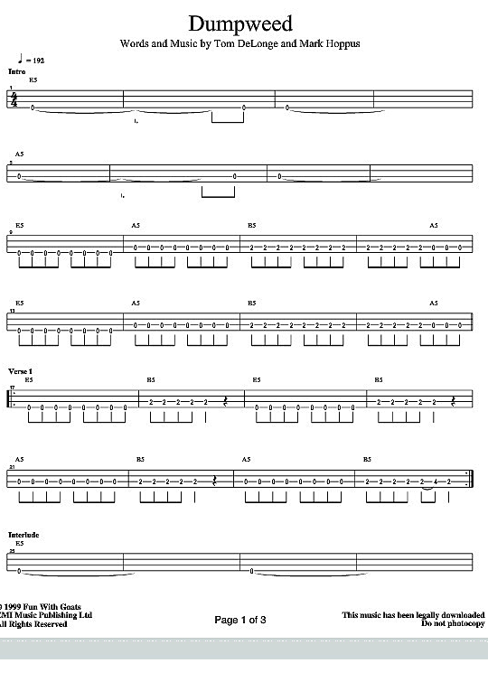 dumpweed bass tab blink 182