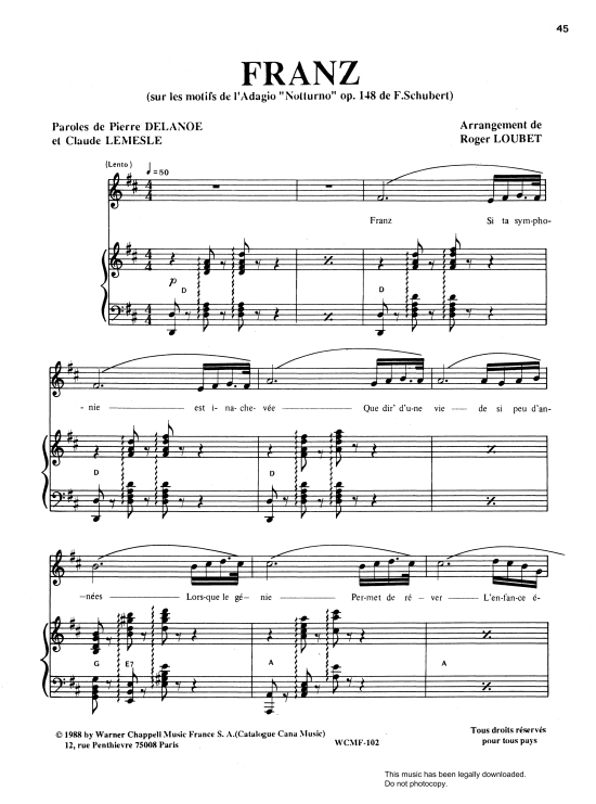franz sur les motifs de l adagio "notturno" op.148 klavier gesang & gitarre nana mouskouri