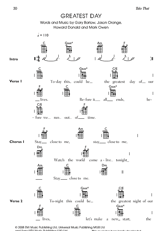 greatest day ukulele chord songbook take that