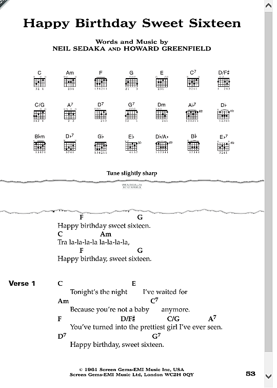 happy birthday sweet sixteen songbook mit akkorden neil sedaka