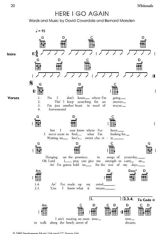 here i go again ukulele chord songbook whitesnake