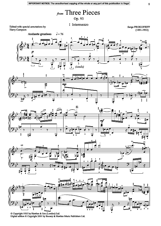 intermezzo from three pieces, op. 95 klavier solo serge prokofieff