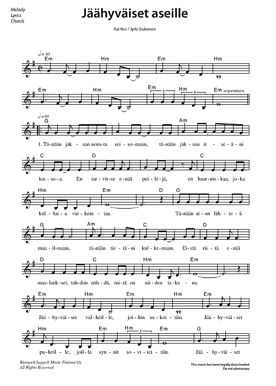 jaeaehyvaeiset aseille melodie & akkorde kollaa kestaeae