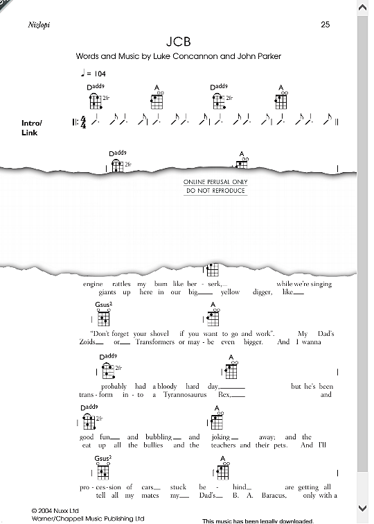 jcb song ukulele chord songbook nizlopi