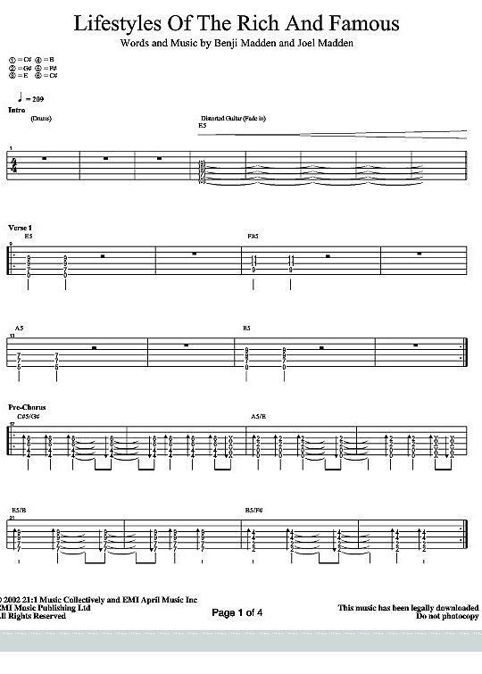 lifestyles of the rich and famous gitarre tab good charlotte