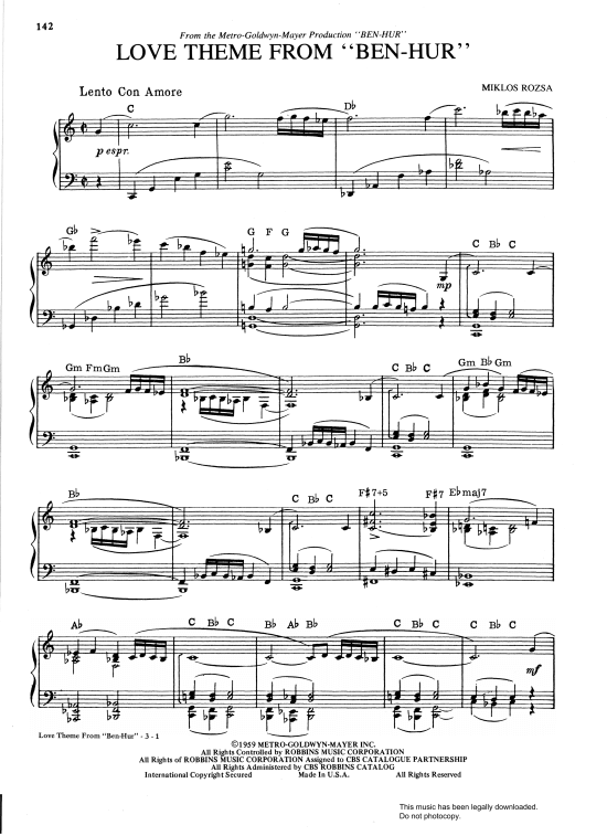 Love Theme From Ben Hur Klavier Solo Pdf Noten Von Miklos Rozsa In C