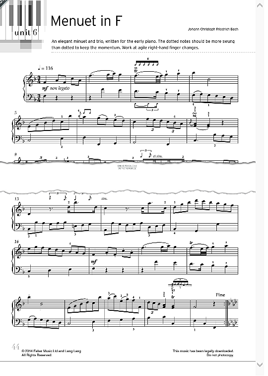 menuet in f klavier solo johann christoph friedrich bach