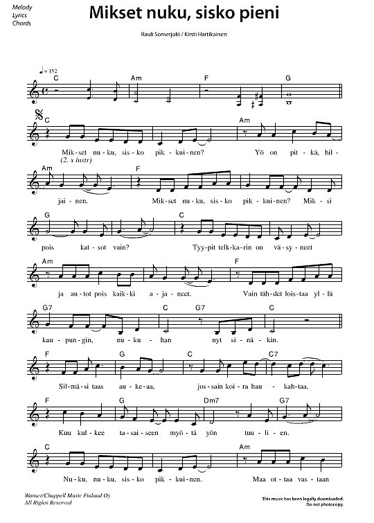 mikset nuku sisko pieni melodie & akkorde rauli badding somerjoki
