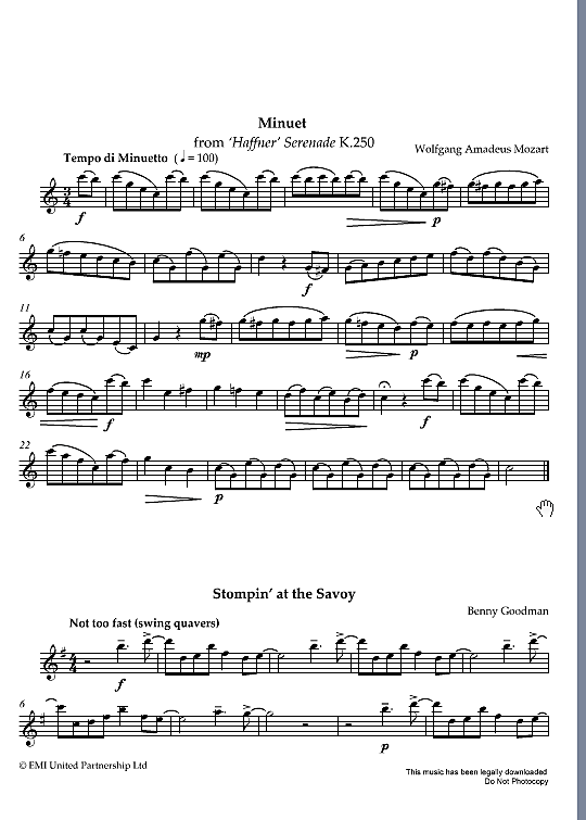 minuet from haffner serenade k.250/stompin at the savoy/sweeny todd solo 1 st. wolfgang amadeus mozart