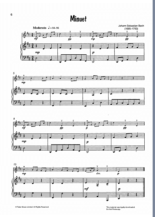 minuet/theme from the marriage of figaro klavier & melodieinstr. johann sebastian bach
