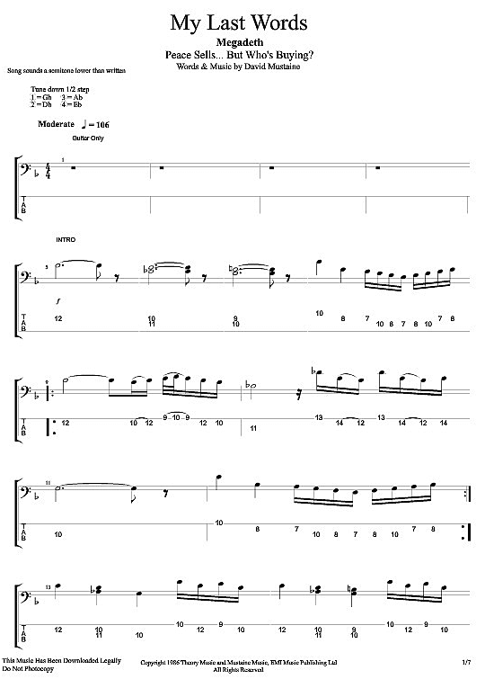 my last words bass tab megadeth