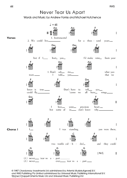 never tear us apart ukulele chord songbook inxs