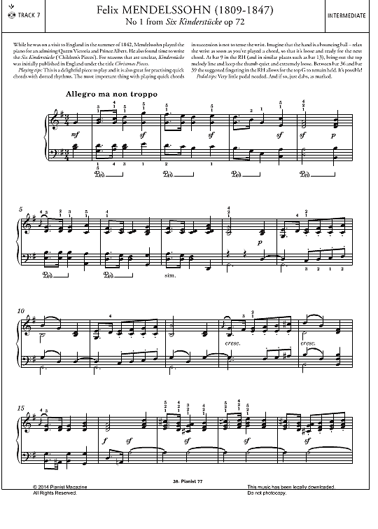 no.1 from six kinderstucke op.72 klavier solo felix mendelssohn