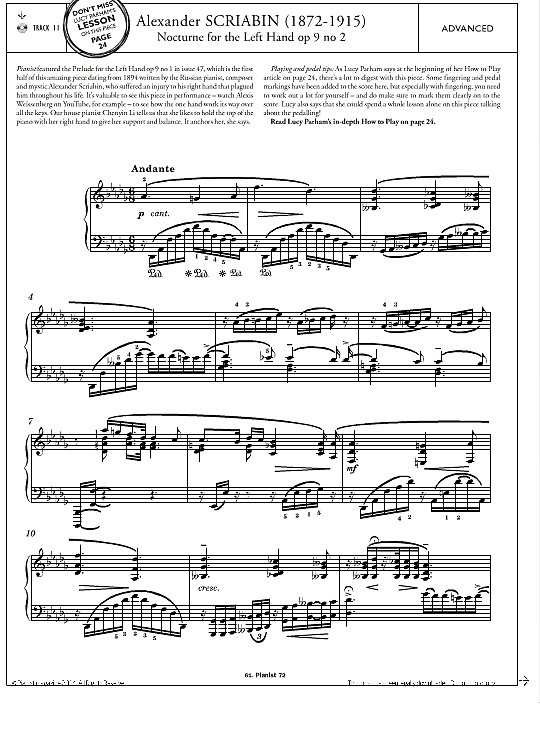 nocturne for the left hand op.9, no.2 klavier solo alexander scriabin