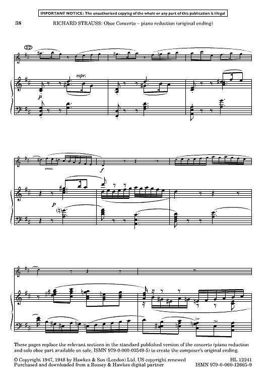 oboe concerto piano reduction original ending klavier & melodieinstr. richard strauss