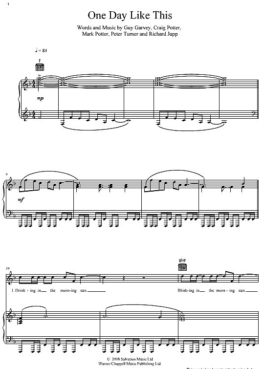 One Day Like This Klavier Gesang And Gitarre Pdf Noten Von Elbow In F Dur Fbd 4305 