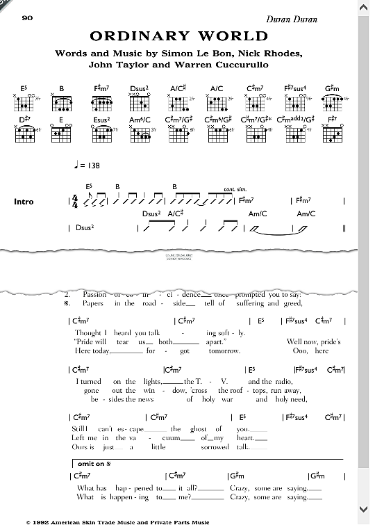 ordinary world songbook mit akkorden duran duran