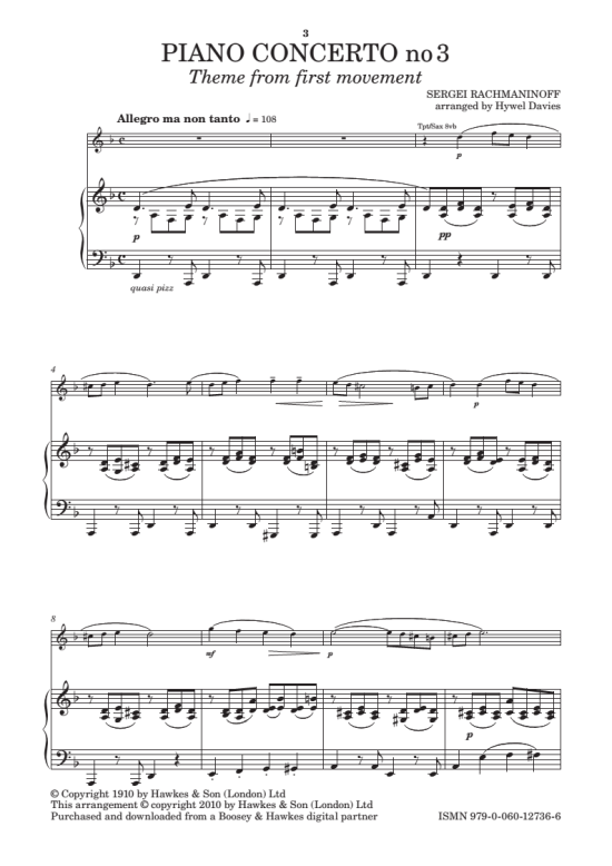 piano concerto no. 3 theme from first movement klavier & melodieinstr. sergei rachmaninoff