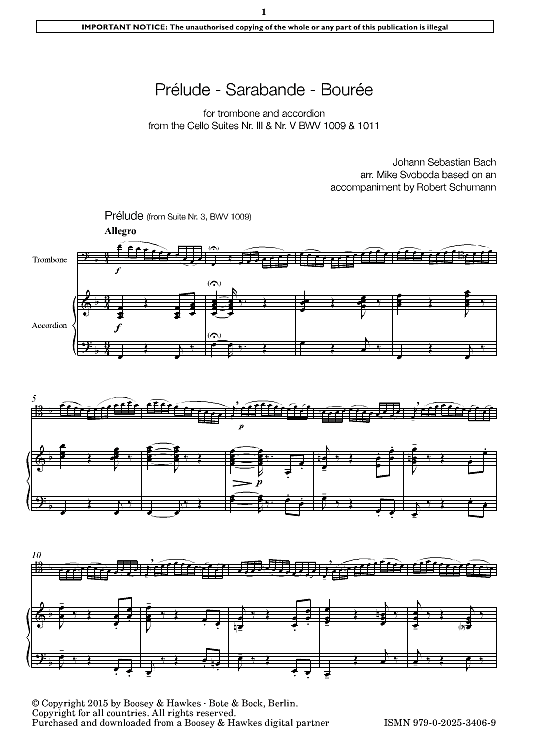 prelude sarabande bouree from bwv 1009 & 1011 melodieinstr. & begleitung johann sebastian bach