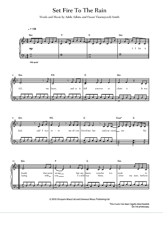 set fire to the rain klavier einfach adele