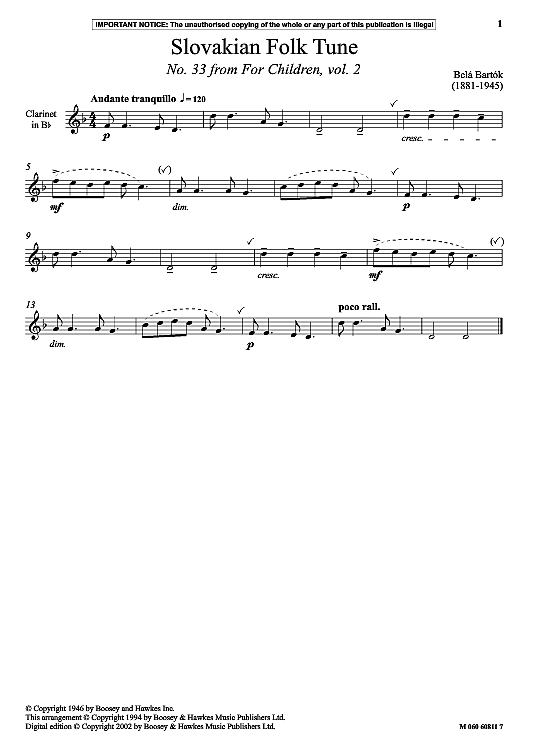 slovakian folk tune no. 33 from for children volume 2 klavier & melodieinstr. bela bartok